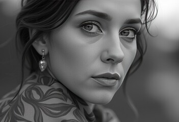 Fototapeta premium Woman with soft expression and floral patterned blouse in grayscale