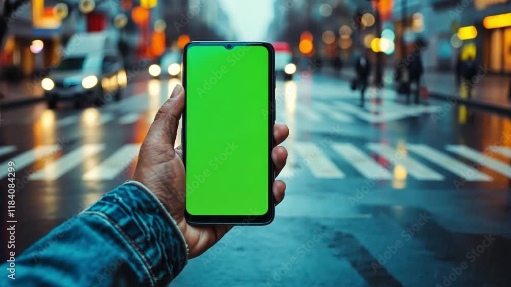 Poster a person holds a smartphone displaying a green screen while standing on a crosswalk in a busy city s