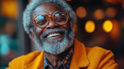 Happy senior man smiles outdoors cafe bokeh