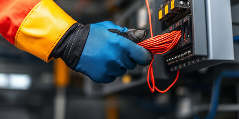 Worker adjusting electrical cables on control panel, wearing gloves and safety jacket. focus is on careful handling of wires, ensuring safety and precision in electrical work