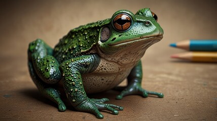 Obraz premium Close-up of a vibrant green frog, sitting attentively on a textured surface, with colored pencils out of focus in the background.