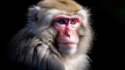Fototapeta premium Close-Up Portrait of a Primate with Expressive Features Against a Dark Background