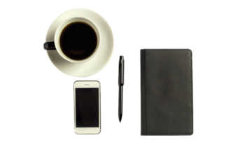 A Flat Lay of a Smartphone, Notebook, Pen, and Business Items Isolated on a Transparent Background