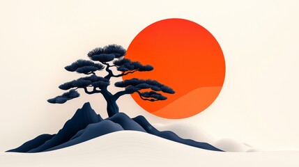 A stylized depiction of a bonsai tree against a large red sun, evoking a serene Lunar New Year theme with Japanese art influences.