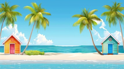 A cartoon beach scene with palm trees and colorful beach huts.