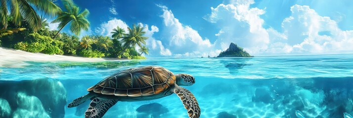 A sea turtle gliding through crystal-clear waters near a tropical island,