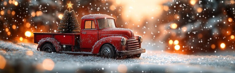A toy red truck carrying a Christmas tree, surrounded by snowy decor and festive lights. Perfect for holiday, winter, and nostalgic themes.