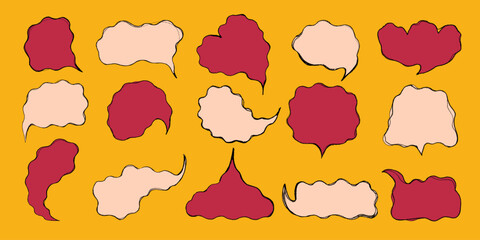 Collection of Chat Bubbles with Wavy Grunge Edges. Hand drawn colorful speech blobs. Chat boxes isolated on yellow background. Comic book abstract text boxes. 