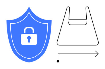 Shield with a lock icon beside a linear shopping bag outline with arrow, embodying security and transaction. Ideal for e-commerce, internet security, digital transactions, protection, online