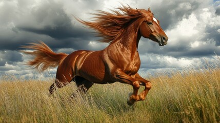 Obraz premium Majestic Horse Galloping in Open Field with Swaying Grass and Dramatic Clouds