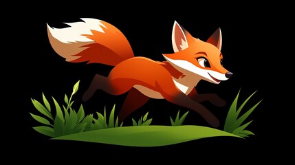 Obraz premium A playful fox dashes through the grass, its vibrant fur glowing against the dark background.