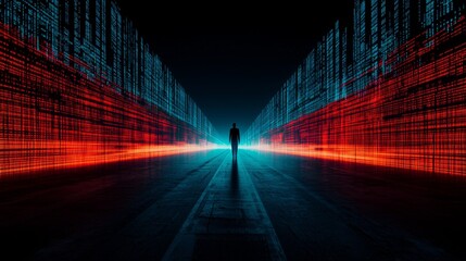 A 3D render of a person walking through a tunnel of glowing data, representing the journey of health analysis and personalized medicine.