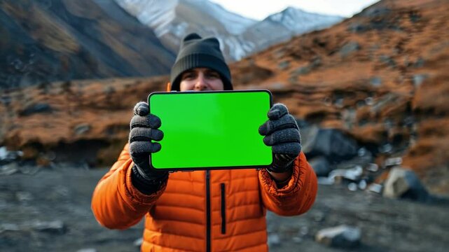 A person stands in a rugged mountainous area, displaying a tablet with a green screen. The vibrant orange jacket contrasts with the earthy tones of the landscape, creating a striking view.