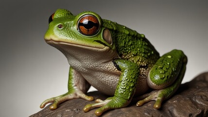 Obraz premium Close-up of a vibrant green frog, perched on a piece of wood, with large expressive eyes.