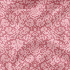 Soft pink satin damask fabric texture with ornate floral pattern. Great for luxury backgrounds, bridal themes, packaging, digital papers, and textile design mockups.
