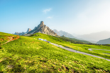 Ra Gusela Peak of Nuvolau group in the Italian Dolomites mountain at Giau Pass in South Tyrol Italy.