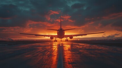 Gleaming airport runway stretching into a radiant sunrise, surrounded by drifting clouds. Perfect for travel, inspiration, and aviation themes.