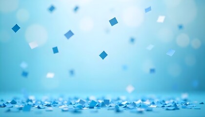 Ethereal floating blue confetti pieces in the air, set against a soft, blurred backdrop, evoking a sense of celebration