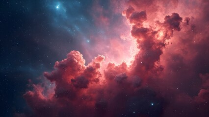 Vibrant Coral Nebula, Close-Up Space Scene with Glowing Clouds and Stars