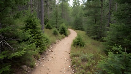 Naklejka premium Serene Beige Forest Hiking Trail, Winding Path Through Lush Greenery