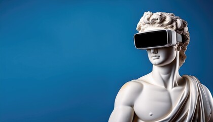 Plaster antique statue of a man with virtual augmented reality glasses on her head on a colored background with copy space, banner template