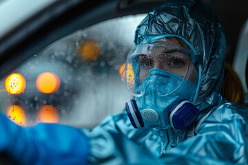 Close-up of a person wearing protective gear, costume, hazmat suit, mask, and goggles generative AI
