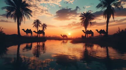 A serene desert oasis with camels and fennec foxes silhouetted in the distance,