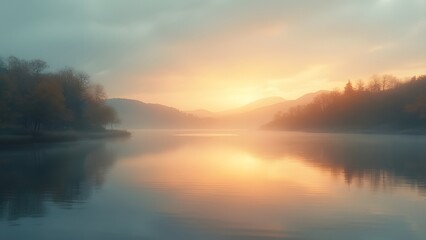 Fototapeta premium Serene Pastel Sunset Lake Reflection, Minimalist Golden Hour Landscape Photography