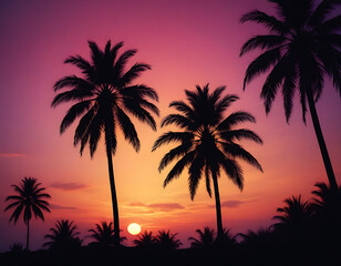 Obraz premium Palm trees silhouetted against a tropical sunset.