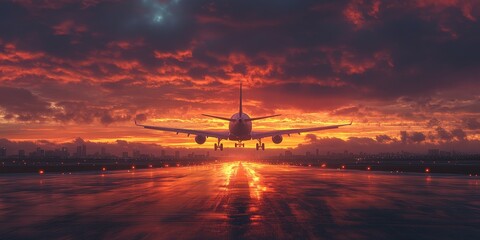 Gleaming airport runway stretching into a radiant sunrise, surrounded by drifting clouds. Perfect for travel, inspiration, and aviation themes.