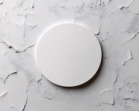 Circular white sticker on rugged textured wall, organic template for ecofriendly logo and branding designs.