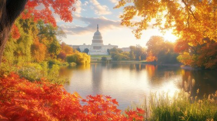 Autumn sunrise, Capitol dome reflected in lake, vibrant foliage