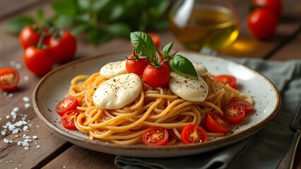 Rustic Italian Spaghetti with Creamy Mozzarella, Burst Cherry Tomatoes, and Basil, A Delicious Food Photography