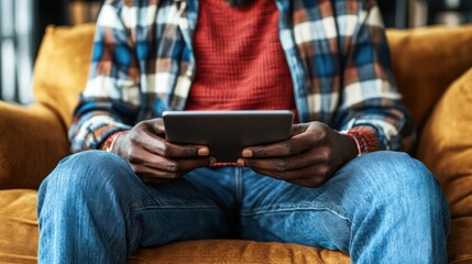 Man using tablet, relaxing on sofa, library background, leisure