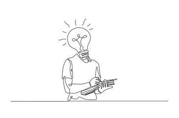 Head lamp person replace with bulb lamp writing notes continuous one line drawing. Creative person with head lamp making notes in single line art illustration. Editable vector.