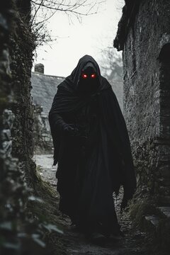 A shadowy wraith with glowing red eyes and tattered cloaks, haunting an abandoned village