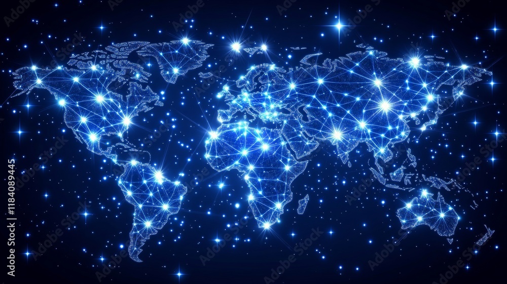 Poster global network map. digital world map with connections and glowing lights representing data flow
