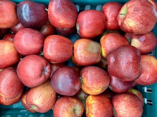 (Malus domestica) or Apples in the supermarket. Delicious red apples. Healthy diet food concept. Top view. Apples in green basket in supermarket