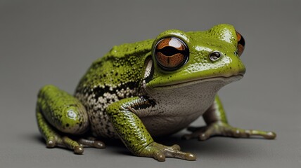Obraz premium Close-up of a vibrant green frog with prominent orange eyes, sitting on a gray background.