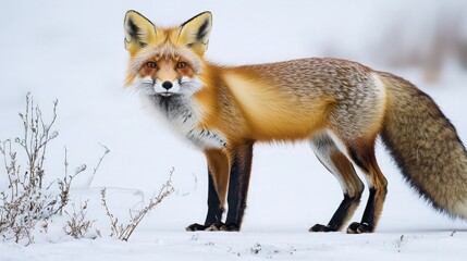 Fototapeta premium Red fox standing in snowy landscape. (1)