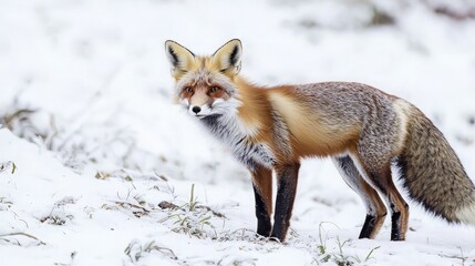 Naklejka premium Red fox standing in snowy landscape. (2)