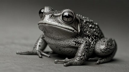 Fototapeta premium Close-up of a grayscale toad, with large, expressive eyes, sitting on a textured surface.