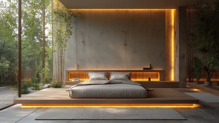 Serene Modern Bedroom with Natural Elements, Ambient Lighting, and Minimalist Design Featuring Wooden Platform Bed and Large Windows Overlooking Lush Greenery