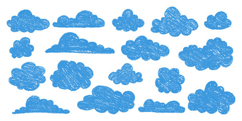 Blue Hand Drawn Clouds with Grunge Texture. Pencil drawings of clouds. Abstract cartoon and fluffy cloud icons.