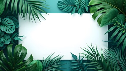 Lush Tropical Greenery Frame Surrounding Pristine White Blank Card Teal Gradient Background Mockup