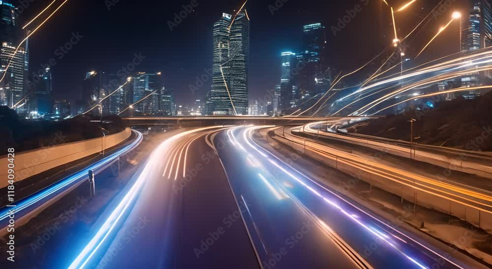 Poster light trails are speeding across a highway at night with glowing dots on the side creating a futuris