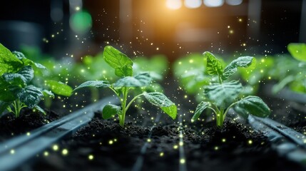Growing plants in a greenhouse, glowing particles, vibrant young seedlings