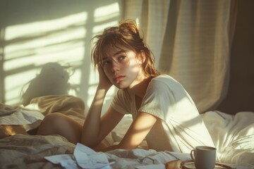 Young woman sitting on disheveled bed in dim room with anxious expression