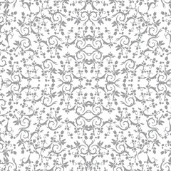 Gray floral damask seamless pattern on white background. Elegant vintage wallpaper style for fabrics, stationery, packaging, and classic decorative design.