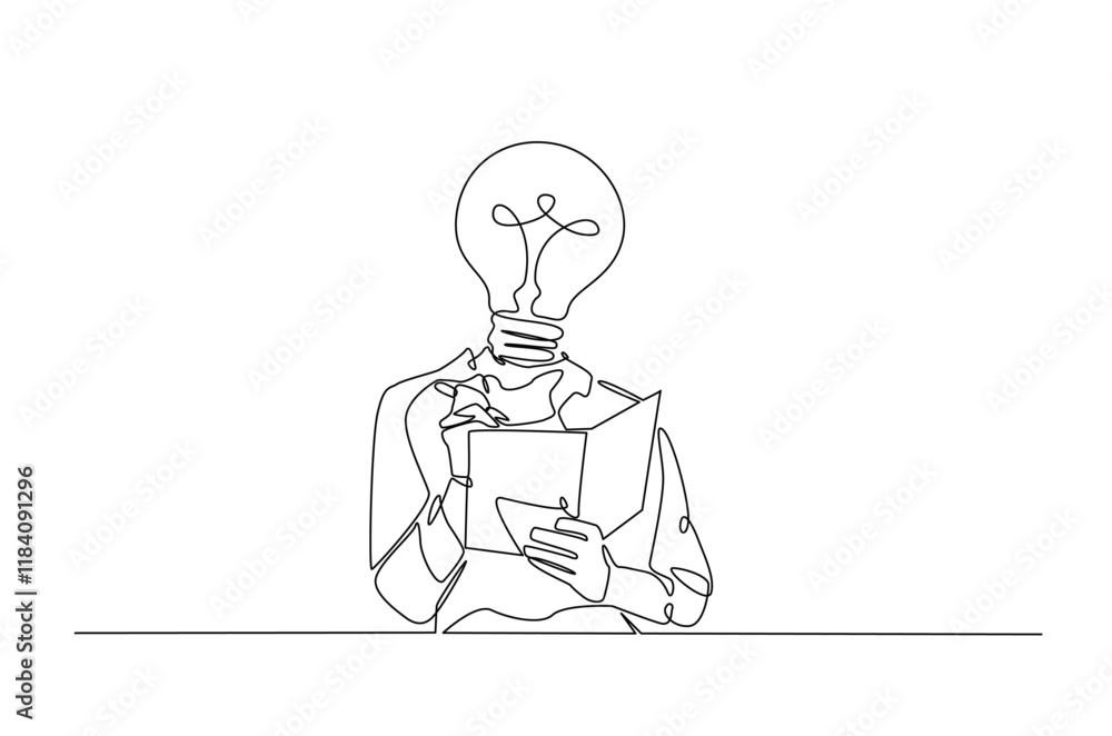 Poster head lamp person replace with bulb lamp writing notes continuous one line drawing. creative person w